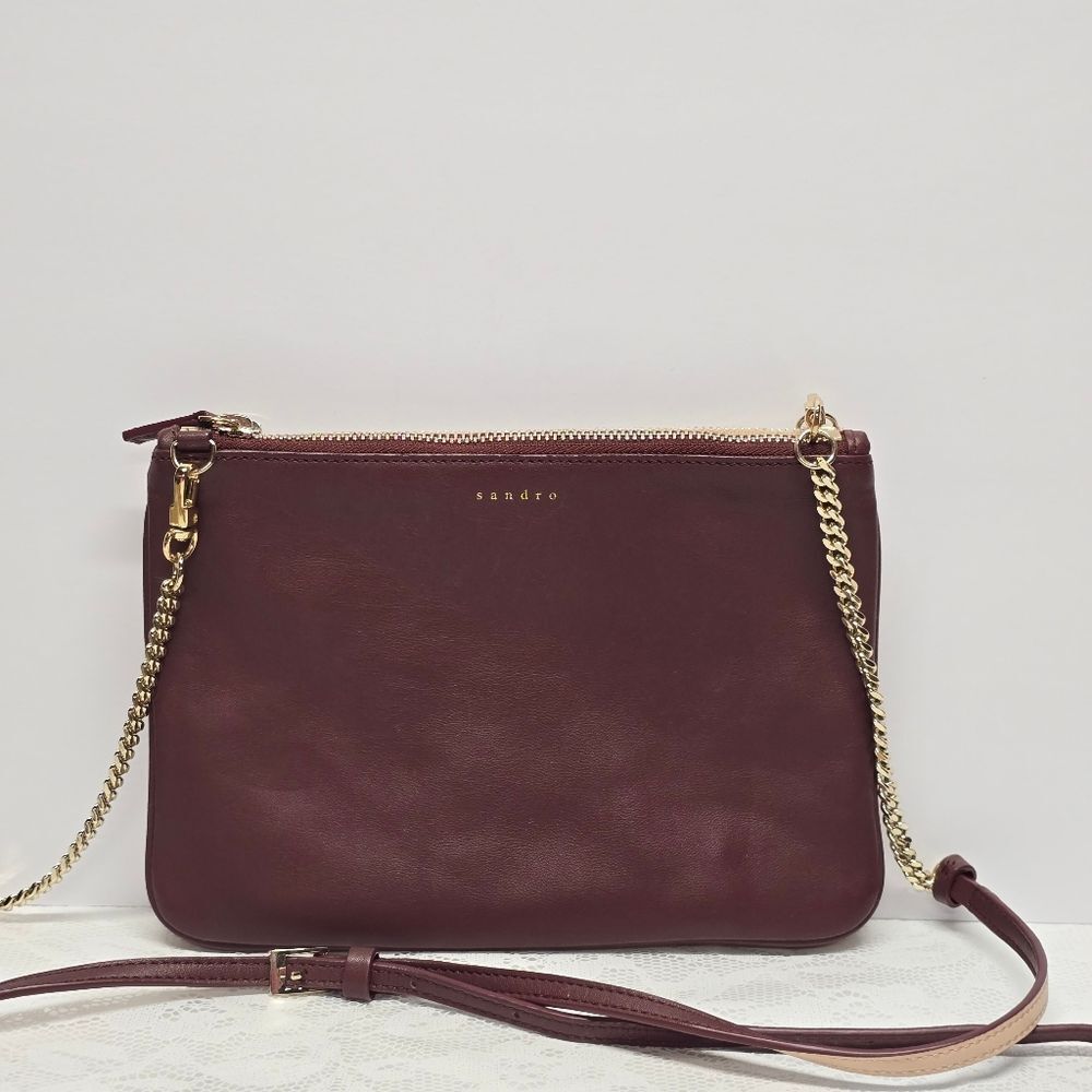 Sandro Addict Two Tone Burgundy Beige Genuine Leather Crossbody Bag Purse